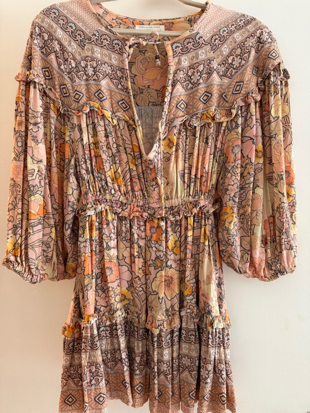 Spell Bohemian Mini Dress in Pink, Cream and Yellow